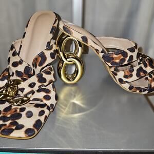 Animal Print Slip-On Statement Heels Gold Circle Link Heel | Women’s SZ 39 / 8.5